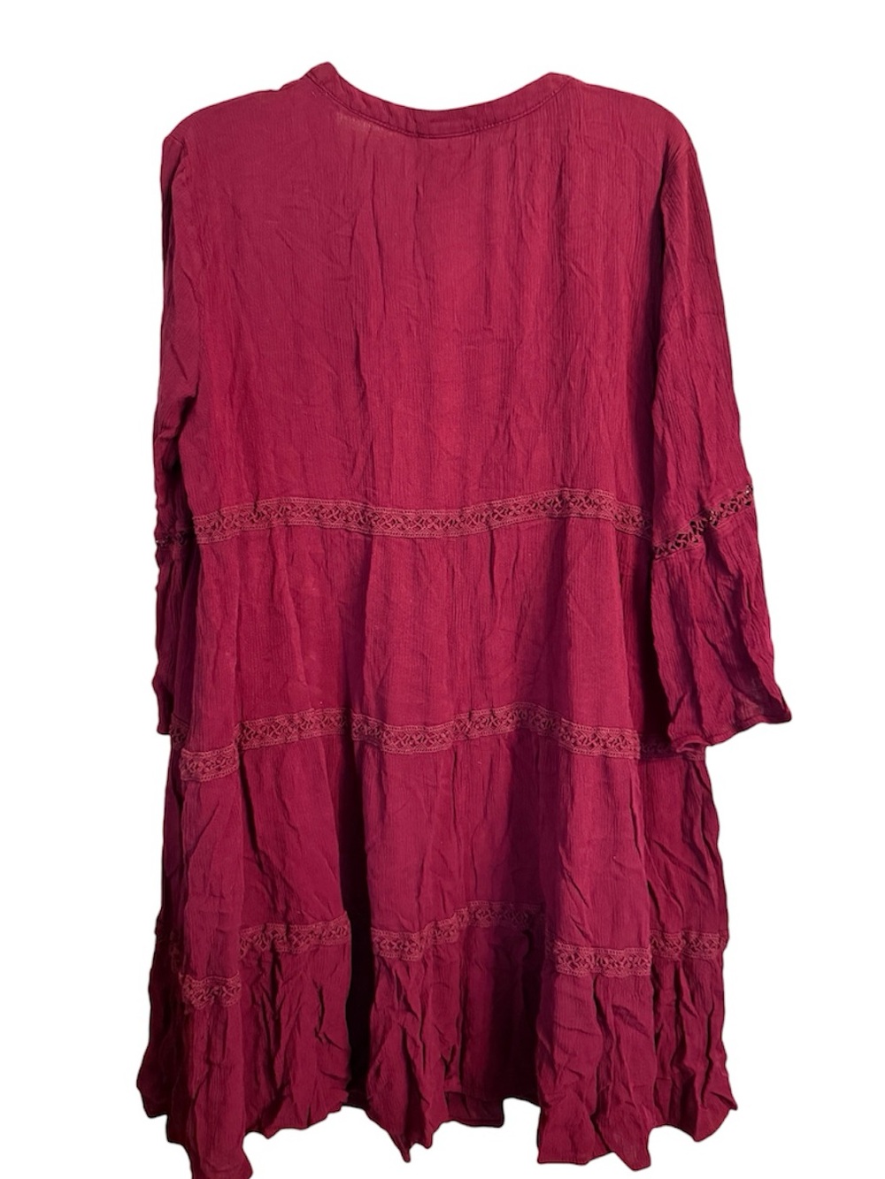 Burgundy Rayon Gauze Lace Tiered Bell Sleeves Boho Fall Dress XXL - Picture 3 of 7